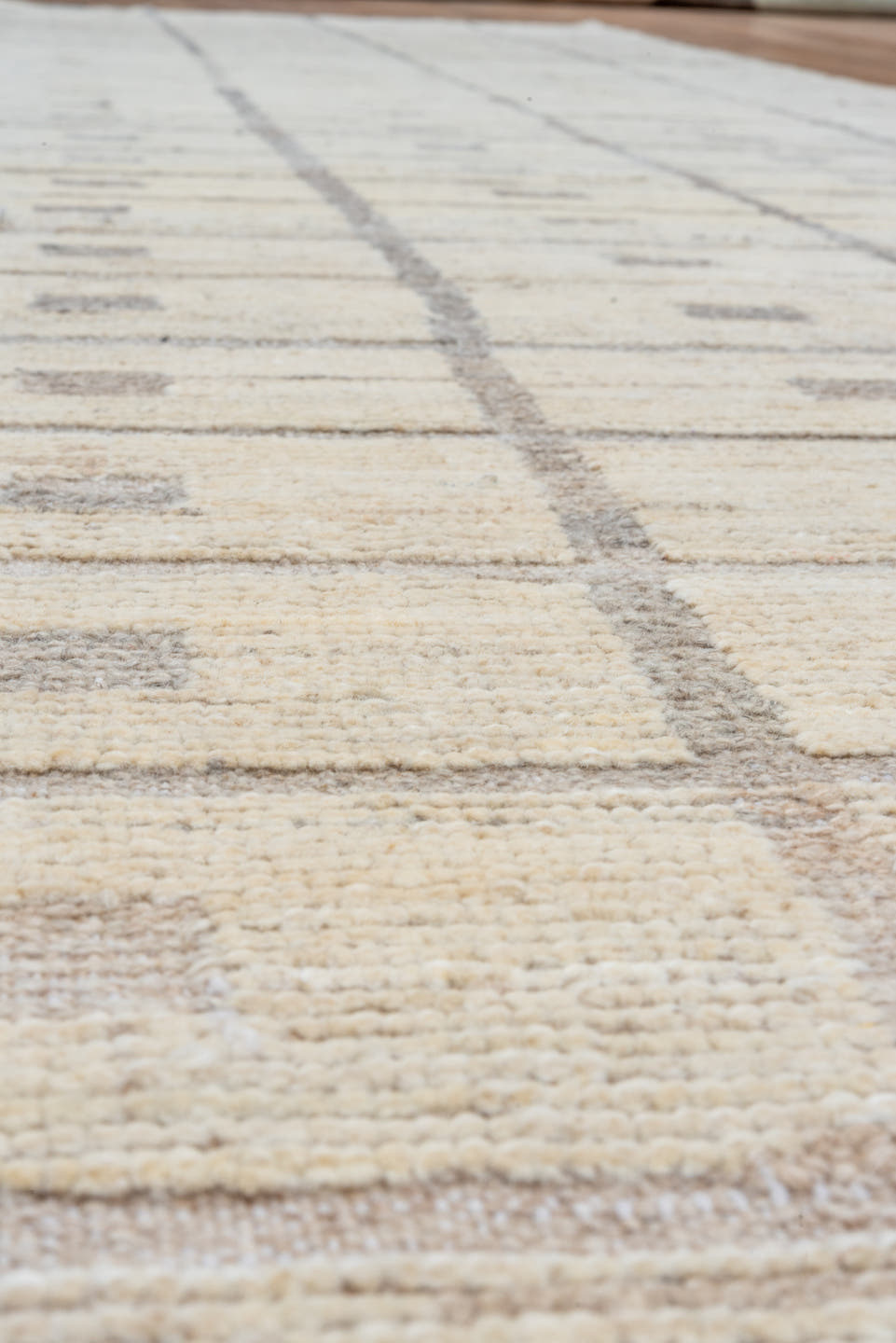 3' x 11' one-of-a-kind handmade vintage Tulu runner rug. Color palette: ivory, taupe, beige, gray