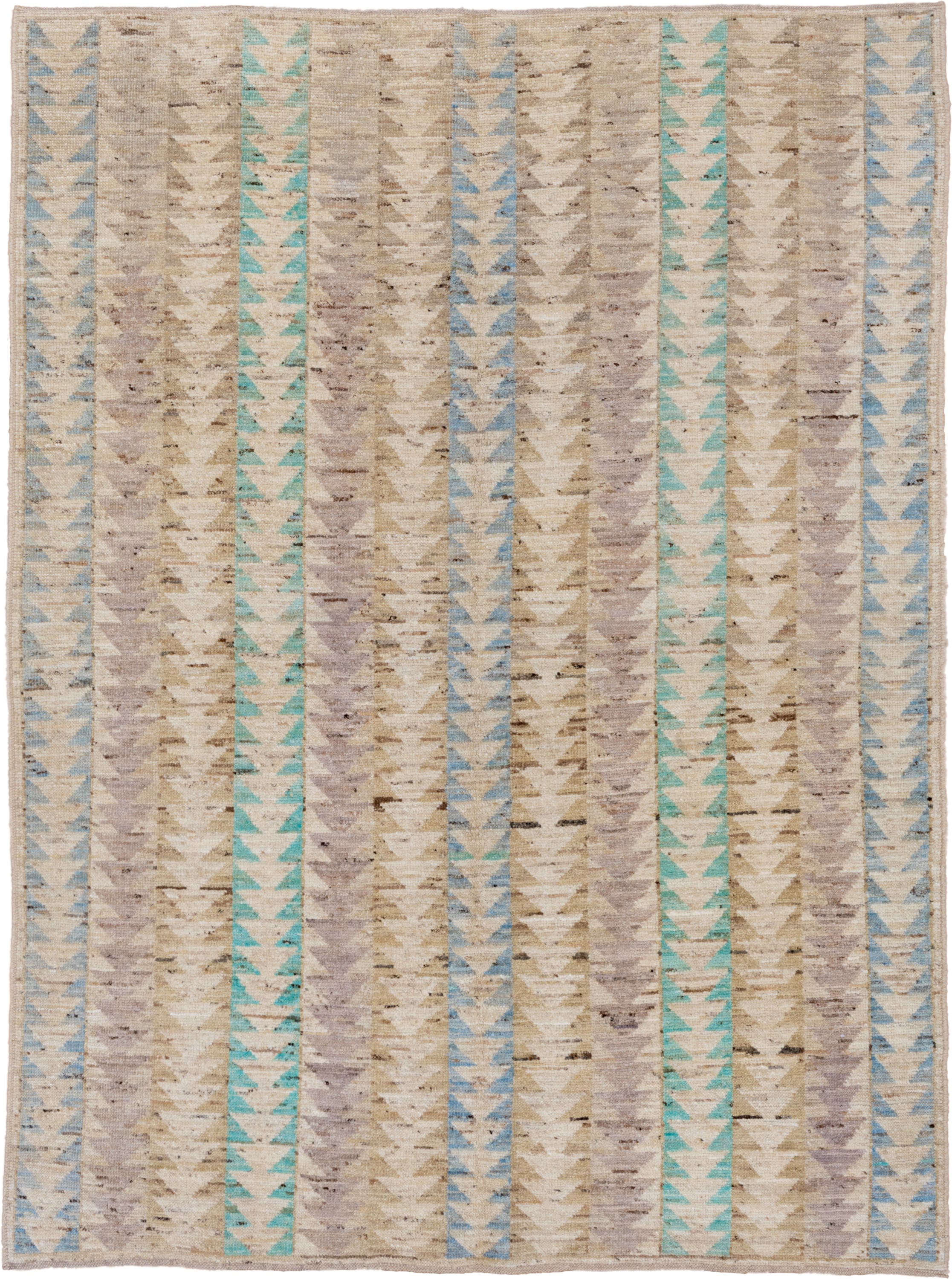 5' x 7' one-of-a-kind handmade vintage Moroccan rug. Color palette: ivory, sand, taupe, sky_blue, aqua, pale_lavender, camel
