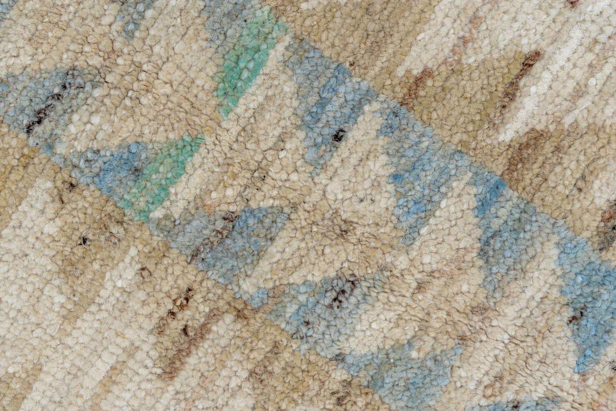 5' x 7' one-of-a-kind handmade vintage Moroccan rug. Color palette: ivory, sand, taupe, sky_blue, aqua, pale_lavender, camel