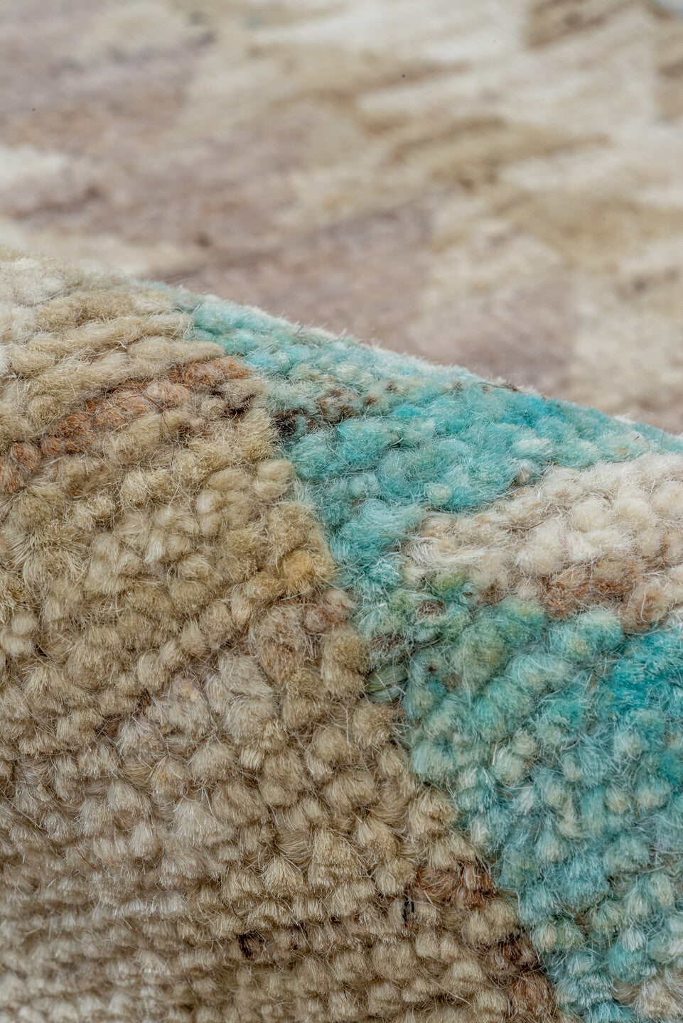 5' x 7' one-of-a-kind handmade vintage Moroccan rug. Color palette: ivory, sand, taupe, sky_blue, aqua, pale_lavender, camel