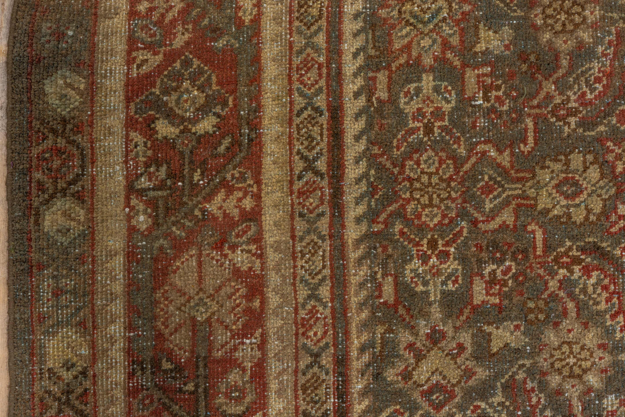 6' x 10' one-of-a-kind handmade antique Mahal large size rug. Color palette: taupe, rust, ivory, slate, brown, sage