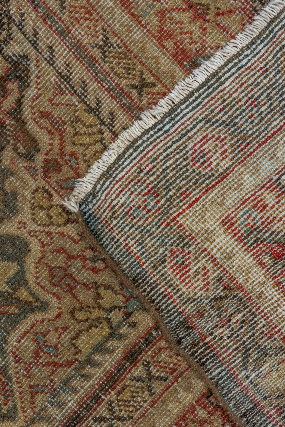 6' x 10' one-of-a-kind handmade antique Mahal large size rug. Color palette: taupe, rust, ivory, slate, brown, sage