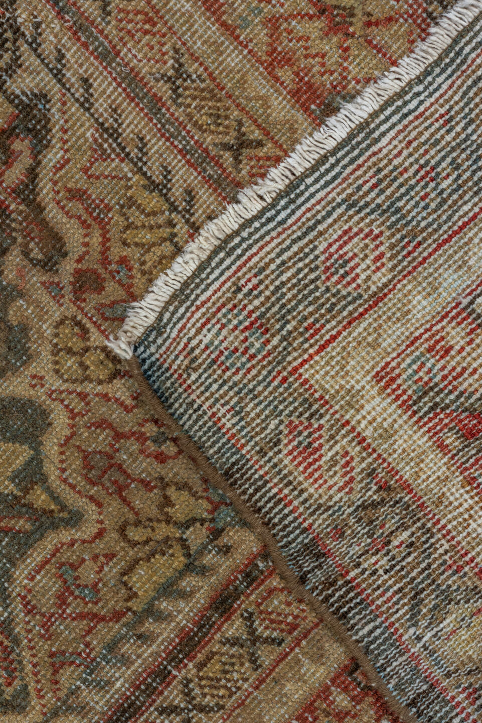 6' x 10' one-of-a-kind handmade antique Mahal large size rug. Color palette: taupe, rust, ivory, slate, brown, sage