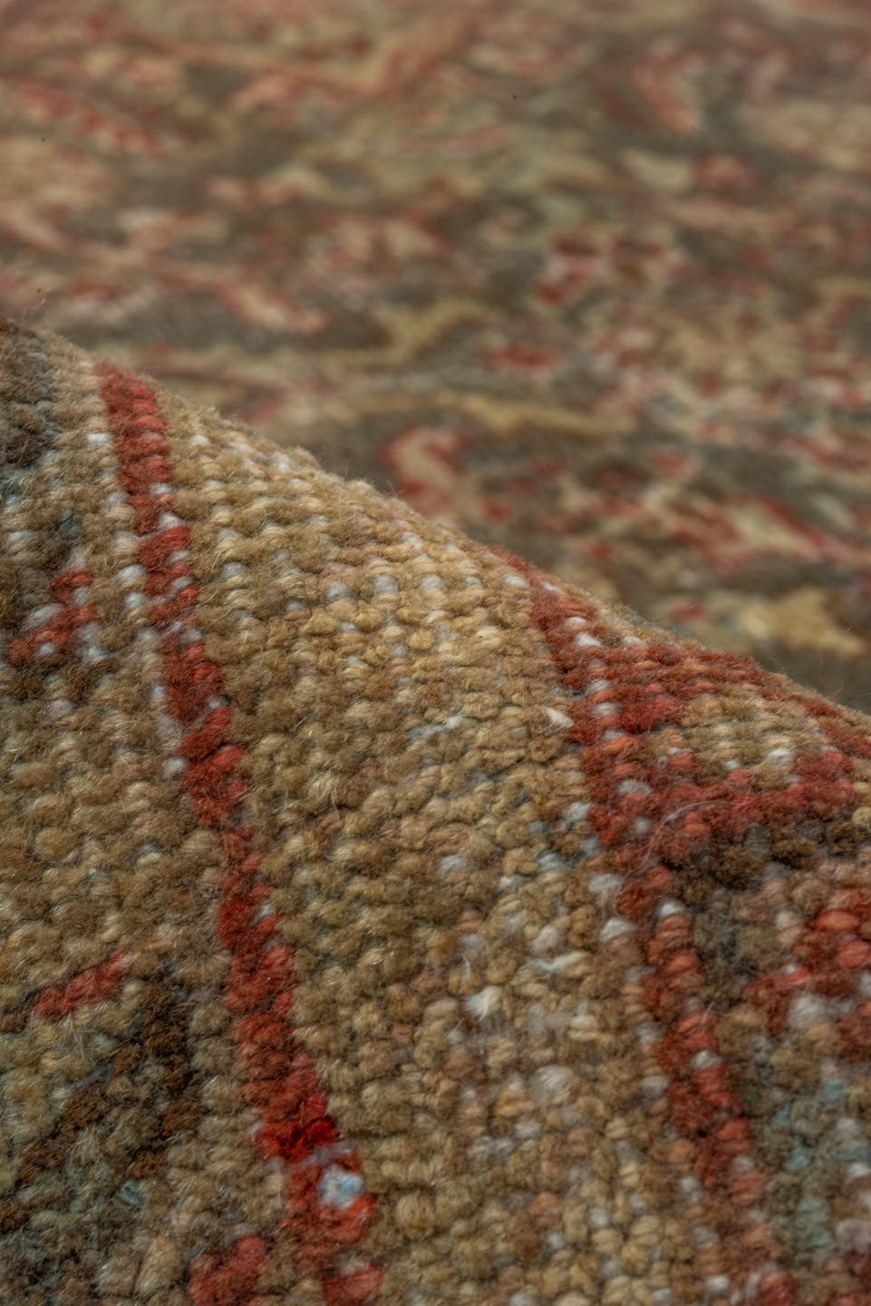 6' x 10' one-of-a-kind handmade antique Mahal large size rug. Color palette: taupe, rust, ivory, slate, brown, sage