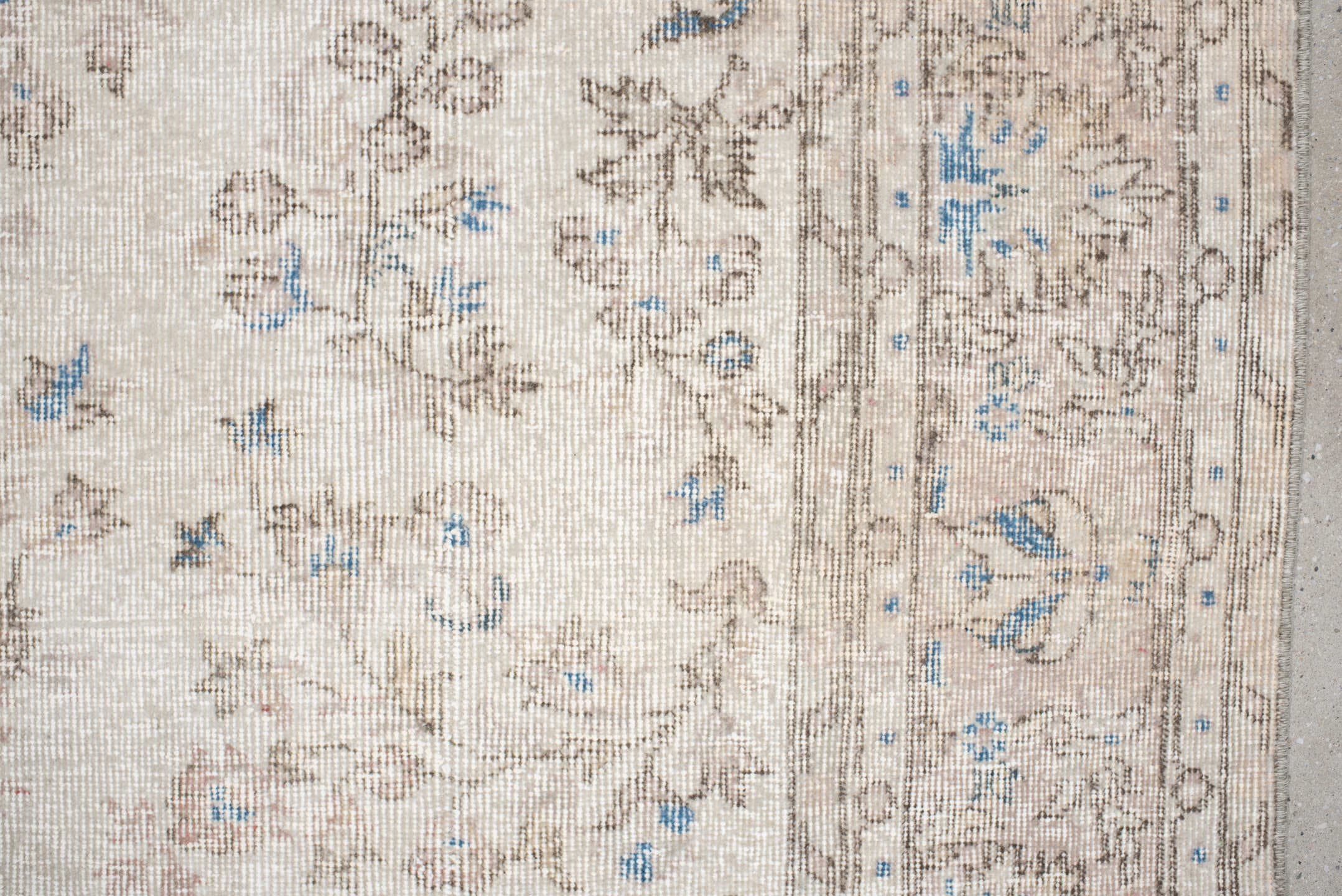 6' x 9' one-of-a-kind handmade antique Sparta medium size rug. Color palette: ivory, beige, sky blue, taupe, cream
