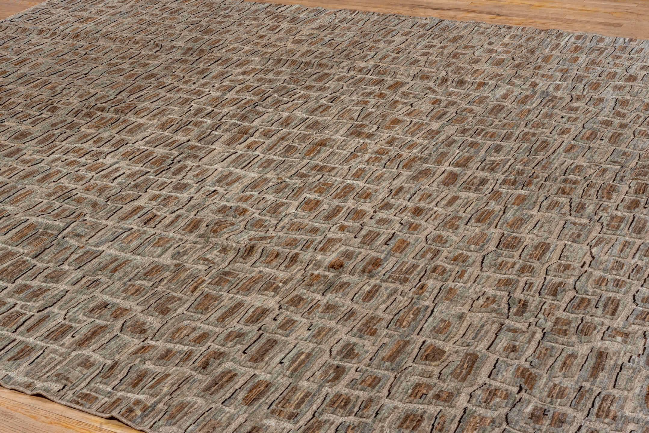 3' x 12' one-of-a-kind handmade vintage Anatol runner rug. Color palette: brown, gray, light gray, off-white, pink, snow