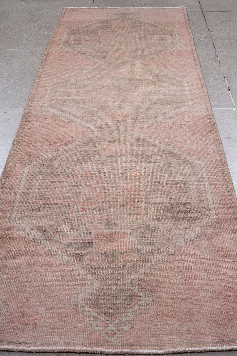 3' x 12' one-of-a-kind handmade antique Anatolian runner rug. Color palette: blush, taupe, ivory, rose, camel, pink, beige