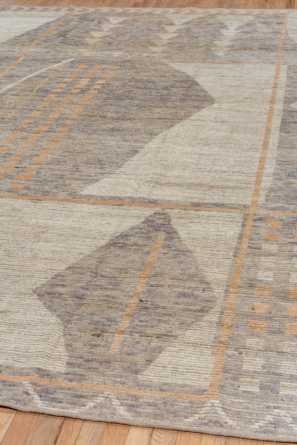 3' x 12' one-of-a-kind handmade vintage Anatol runner rug. Color palette: gray, off-white, light gray, brown, orange, silver