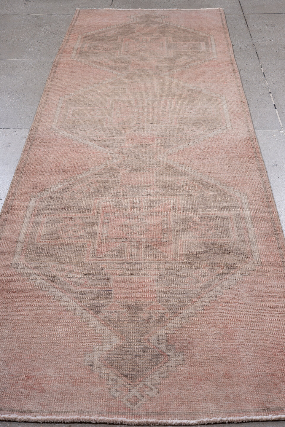 3' x 12' one-of-a-kind handmade antique Anatolian runner rug. Color palette: blush, taupe, ivory, rose, camel, pink, beige