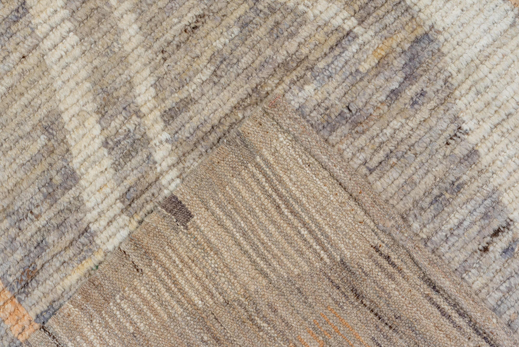 3' x 12' one-of-a-kind handmade vintage Anatol runner rug. Color palette: gray, off-white, light gray, brown, orange, silver