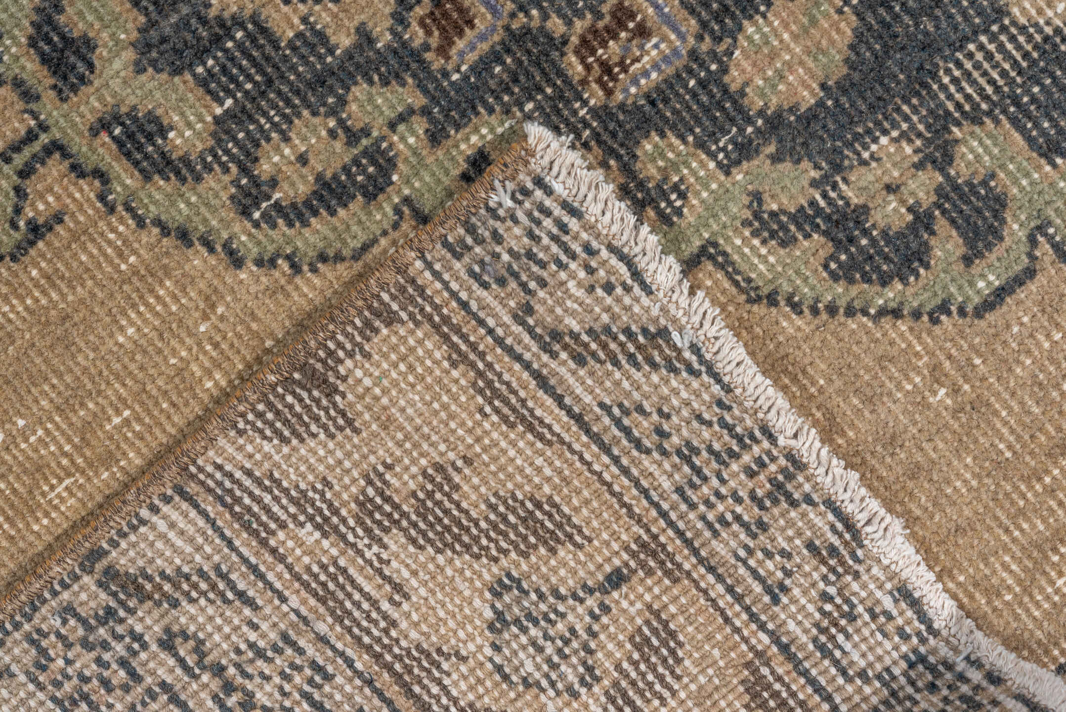 4' x 12' one-of-a-kind handmade vintage Oushak runner rug. Color palette: camel, taupe, slate, powder_blue, sage, charcoal