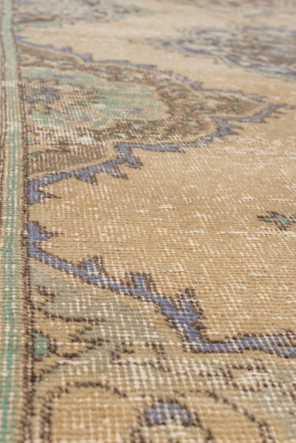 3' x 10' one-of-a-kind handmade vintage Oushak runner rug. Color palette: tan, taupe, slate, sage, brown, ivory, beige, gray
