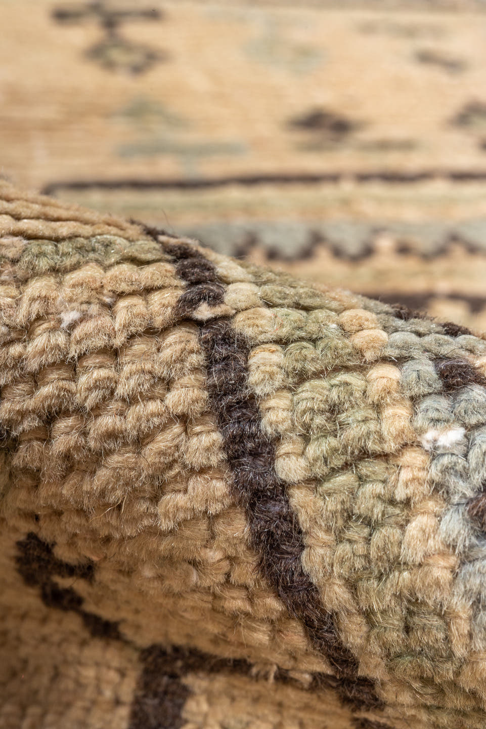 3' x 11' one-of-a-kind handmade vintage Oushak runner rug. Color palette: tan, brown, blue_gray, taupe, ivory, charcoal