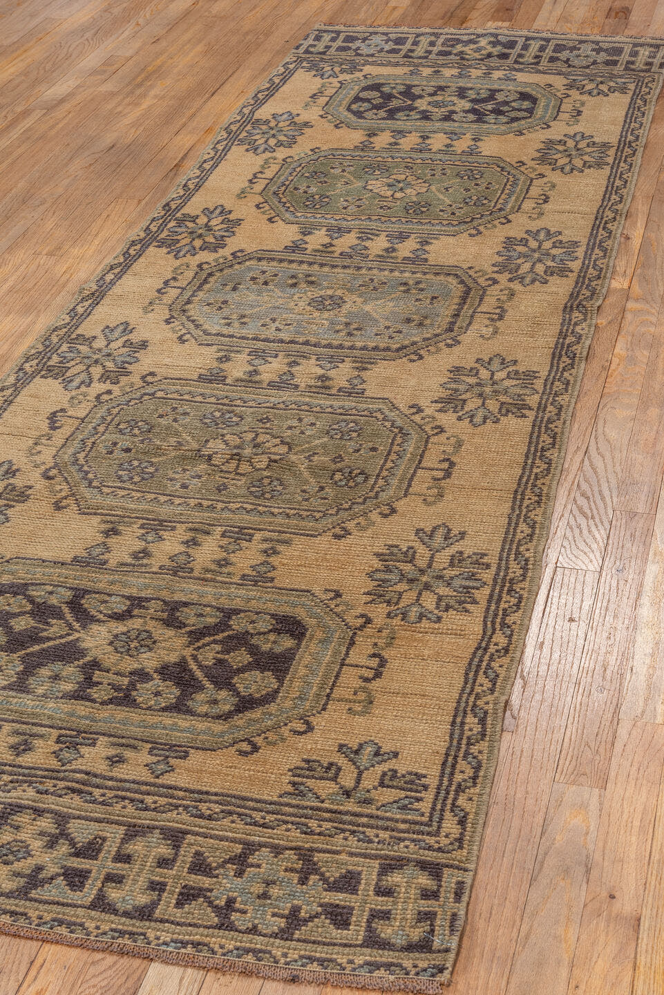 3' x 10' one-of-a-kind handmade vintage Oushak runner rug. Color palette: camel, taupe, brown, sage, slate, charcoal, olive