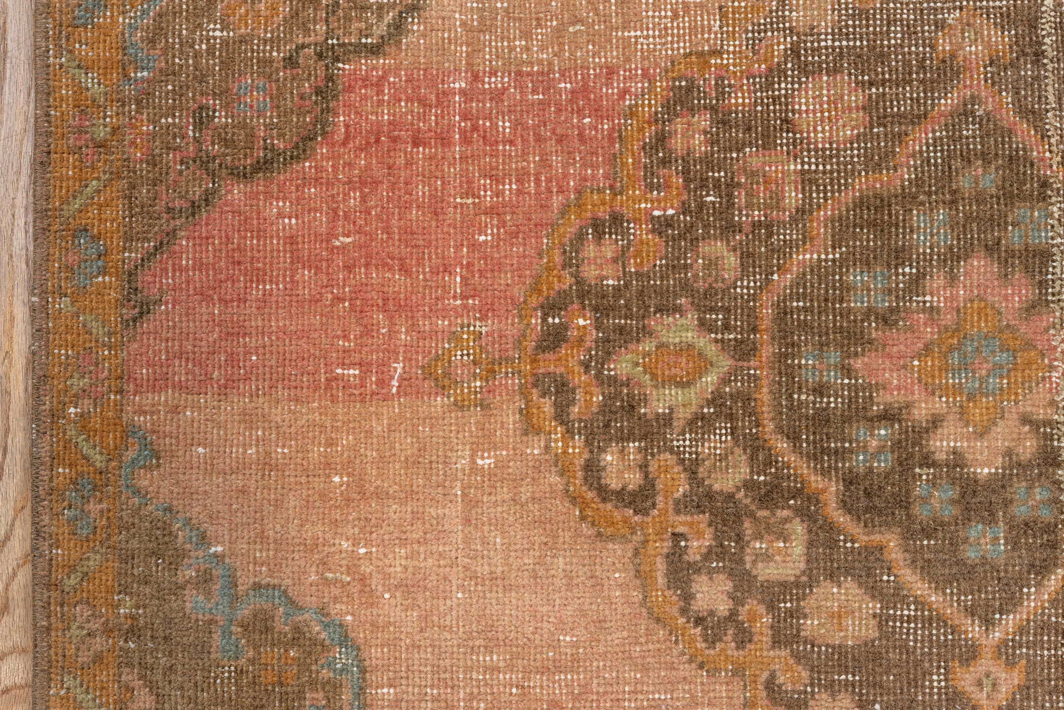 3' x 12' one-of-a-kind handmade vintage Oushak runner rug. Color palette: brown, off-white, orange, pink, snow, white