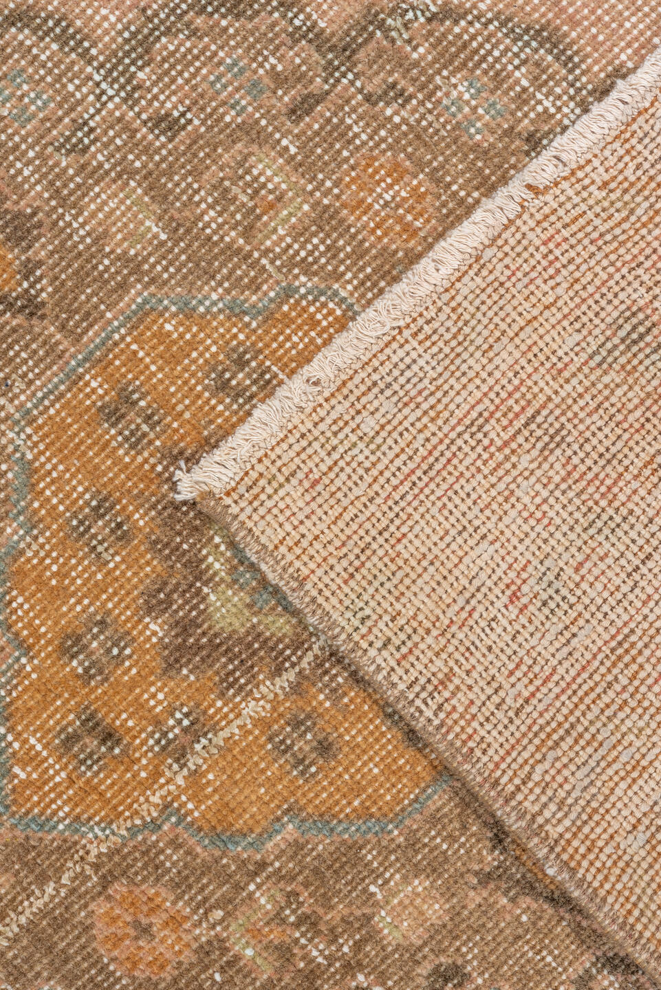 3' x 12' one-of-a-kind handmade vintage Oushak runner rug. Color palette: brown, off-white, orange, pink, snow, white