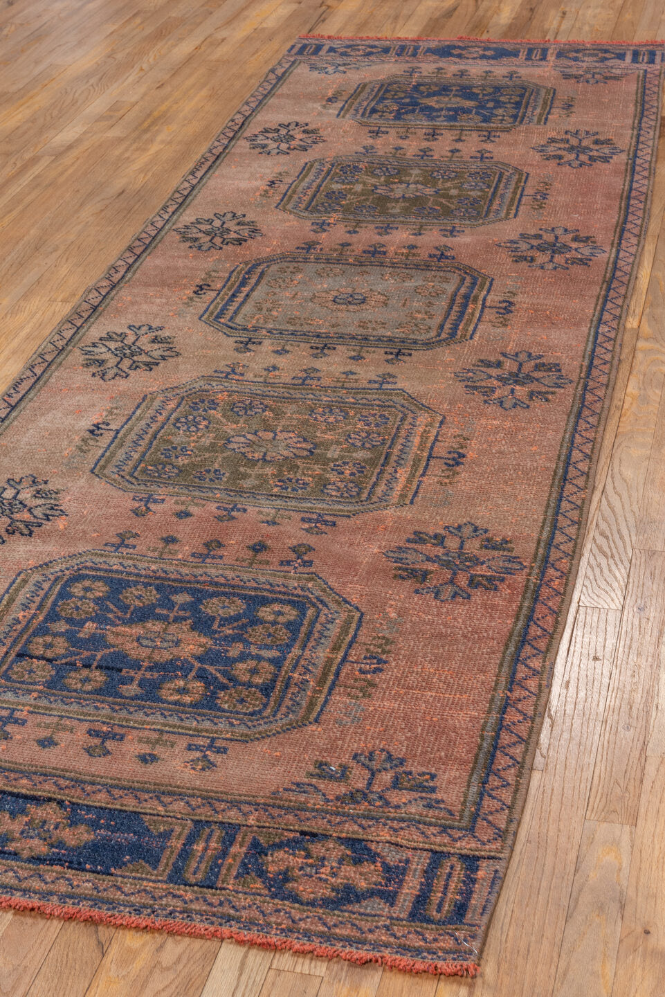 3' x 10' one-of-a-kind handmade vintage Oushak runner rug. Color palette: taupe, navy, rose, terra cotta, slate, olive