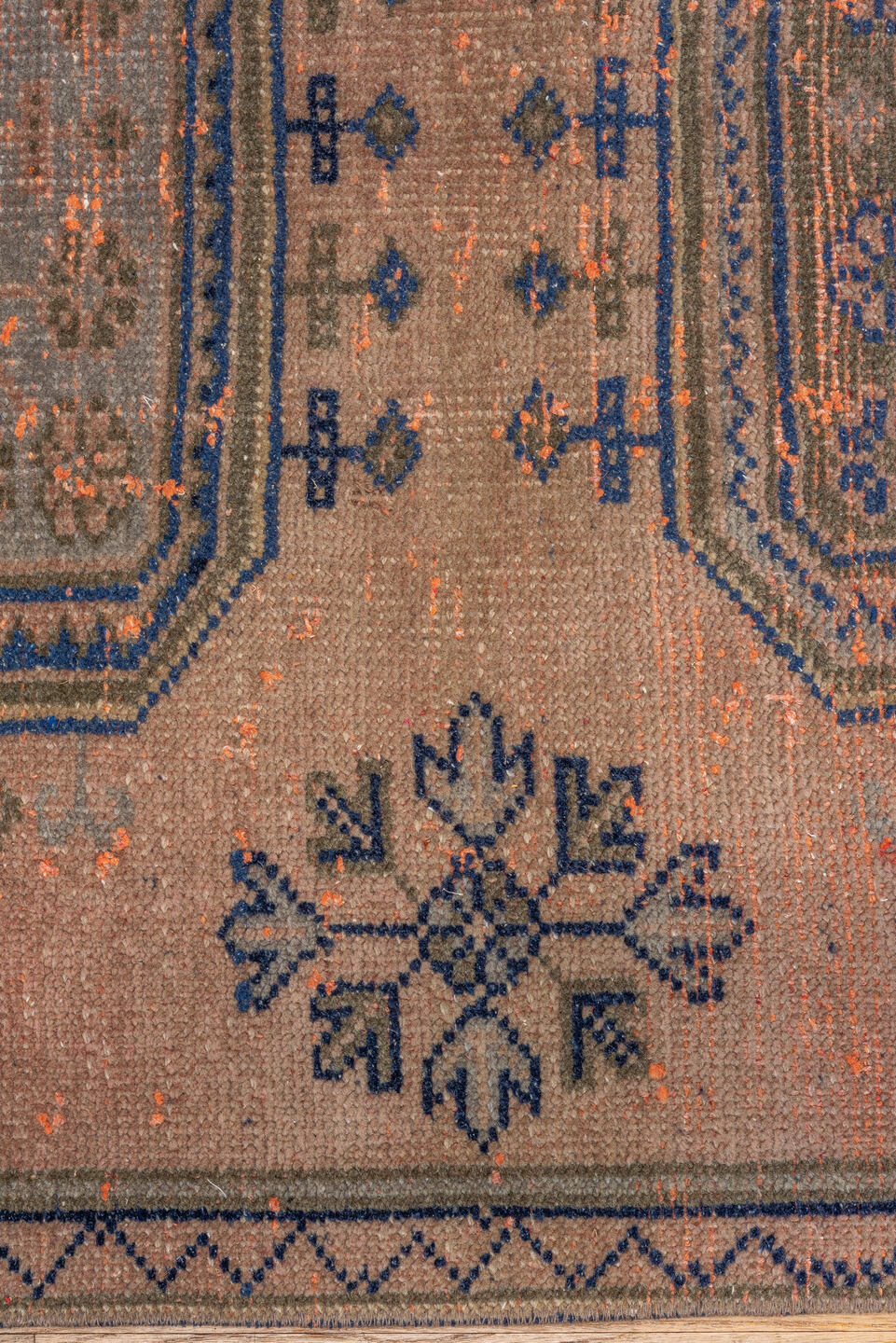 3' x 10' one-of-a-kind handmade vintage Oushak runner rug. Color palette: taupe, navy, rose, terra cotta, slate, olive