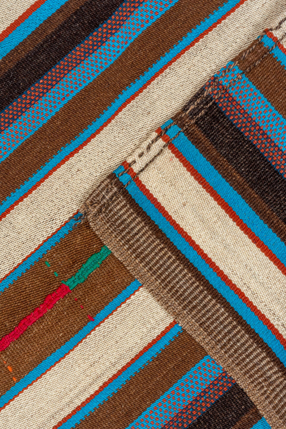 5' x 7' one-of-a-kind handmade vintage Kilim rug. Color palette: ivory, brown, turquoise, charcoal, taupe, rust, crimson