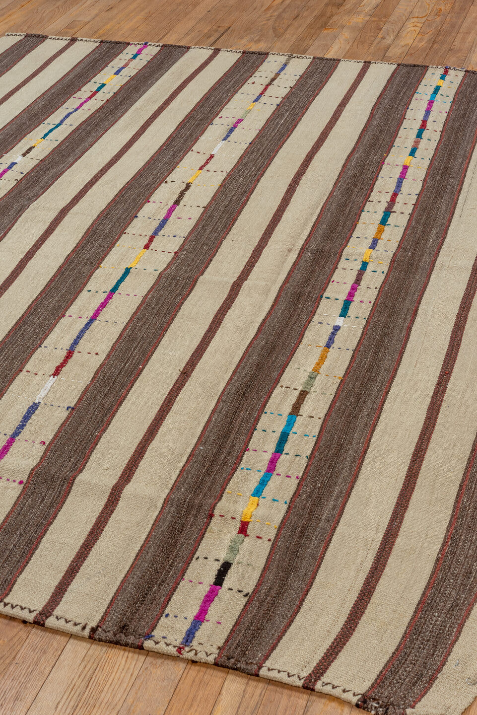 6' x 7' one-of-a-kind handmade vintage Kilim rug. Color palette: ivory, brown, taupe, charcoal, magenta, cobalt, gold, teal