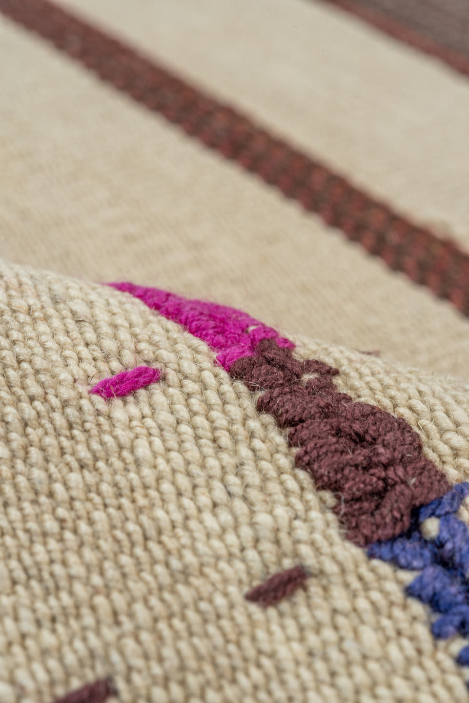 6' x 7' one-of-a-kind handmade vintage Kilim rug. Color palette: ivory, brown, taupe, charcoal, magenta, cobalt, gold, teal