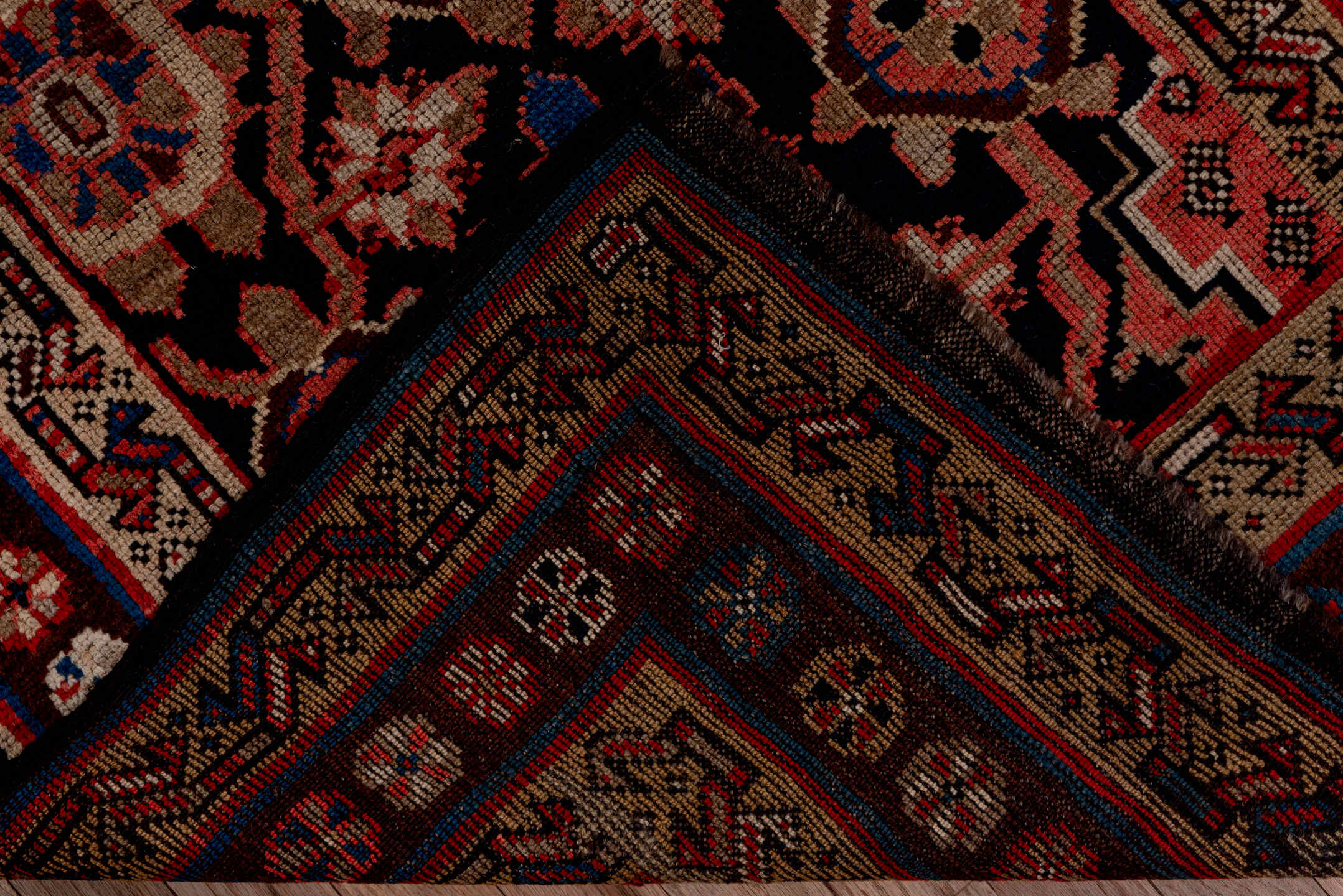 3' x 11' one-of-a-kind handmade vintage Kurd runner rug. Color palette: blue, brown, fiord, gray, pink, red, redwood
