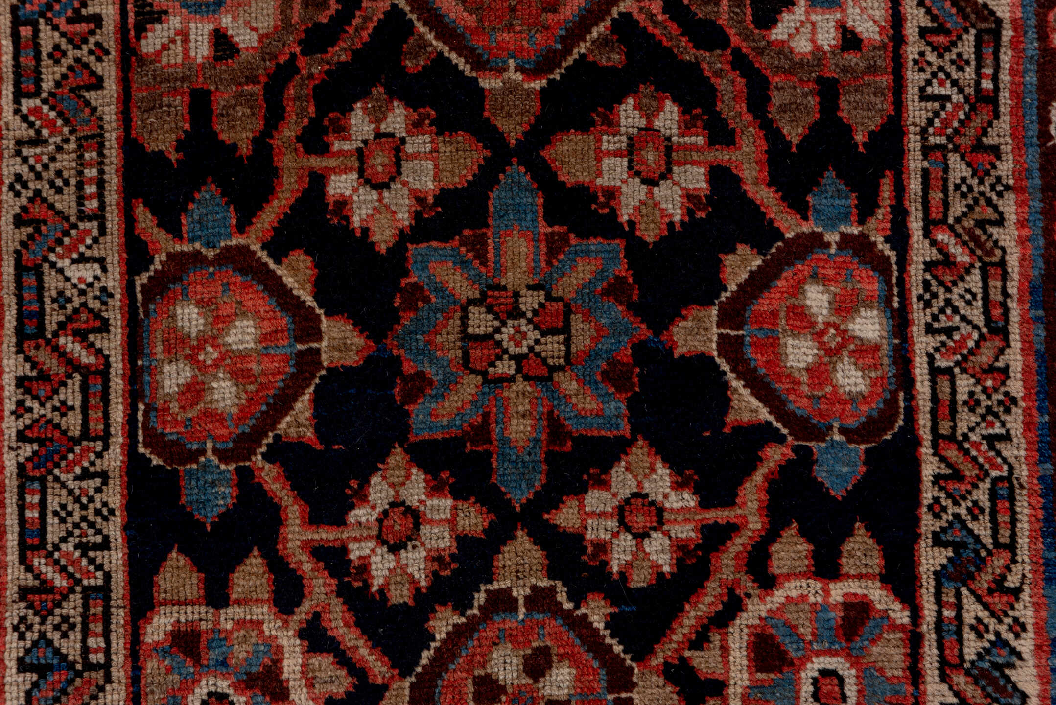 3' x 11' one-of-a-kind handmade antique Kurd runner rug. Color palette: navy, ivory, rust, crimson, camel, slate, blue
