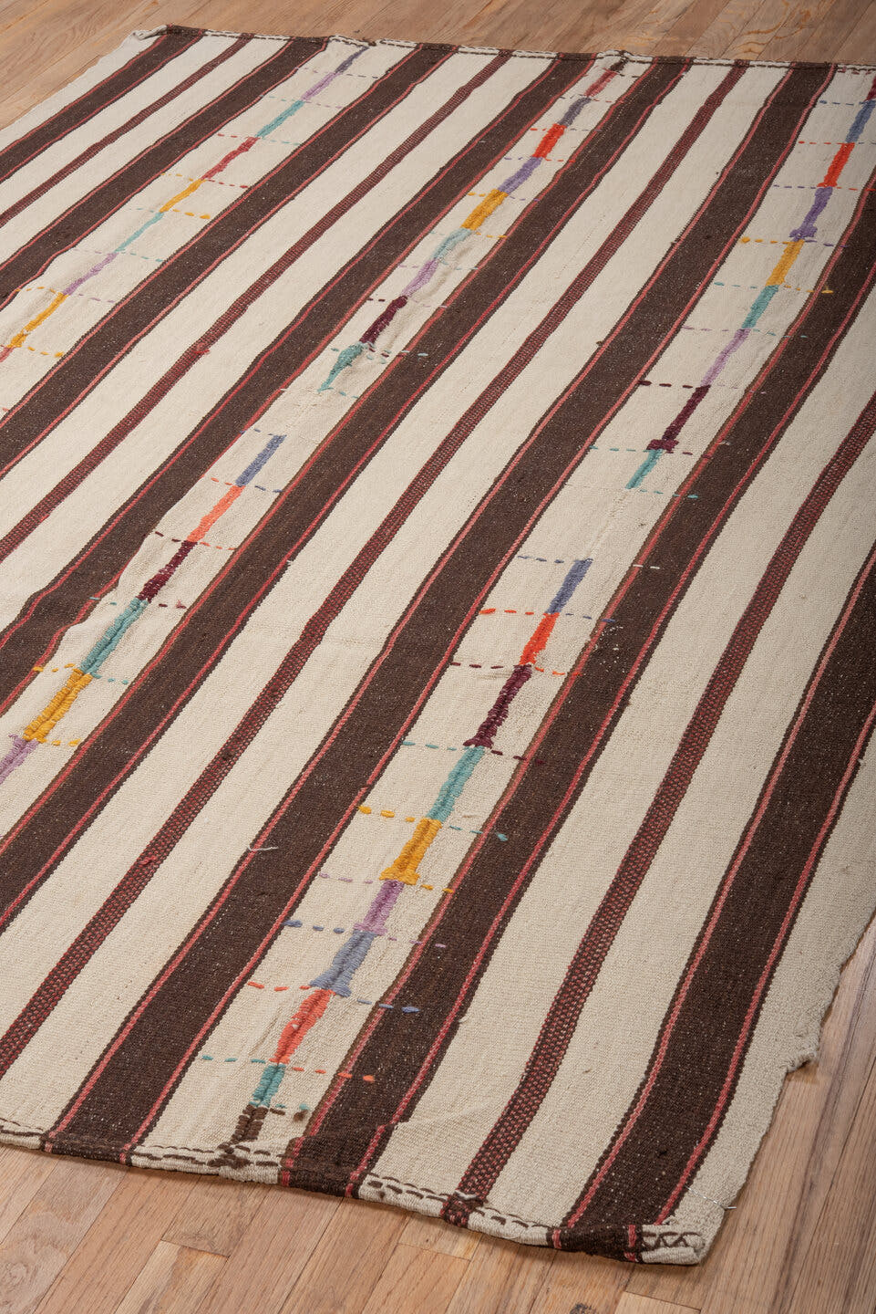 5' x 7' one-of-a-kind handmade vintage Kilim rug. Color palette: ivory, charcoal, burgundy, rose, turquoise, gold, lavender