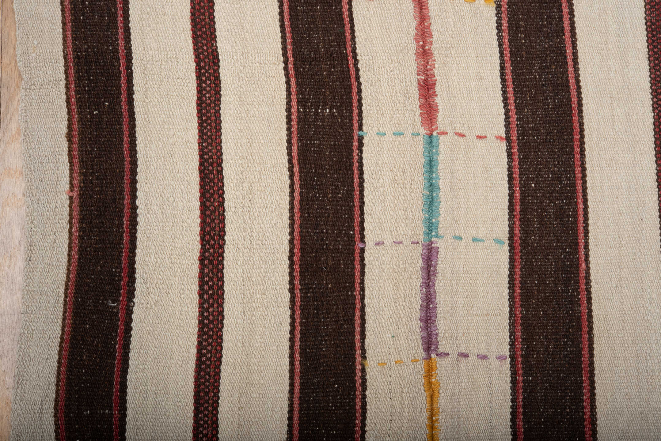 5' x 7' one-of-a-kind handmade vintage Kilim rug. Color palette: ivory, charcoal, burgundy, rose, turquoise, gold, lavender