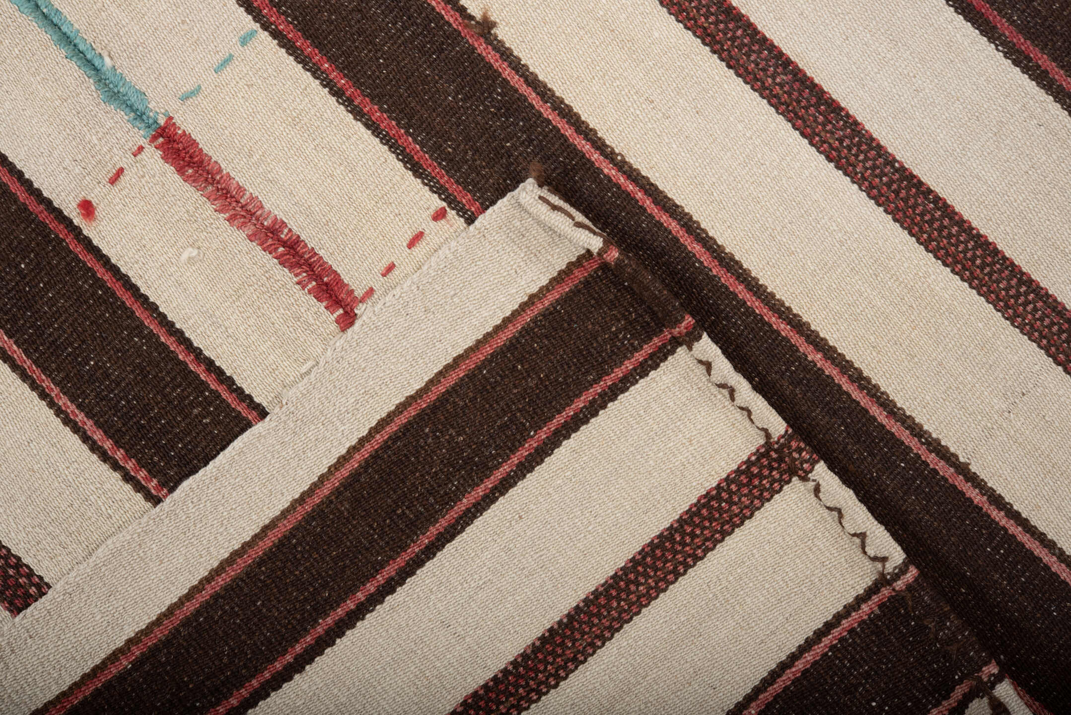5' x 7' one-of-a-kind handmade vintage Kilim rug. Color palette: ivory, charcoal, burgundy, rose, turquoise, gold, lavender