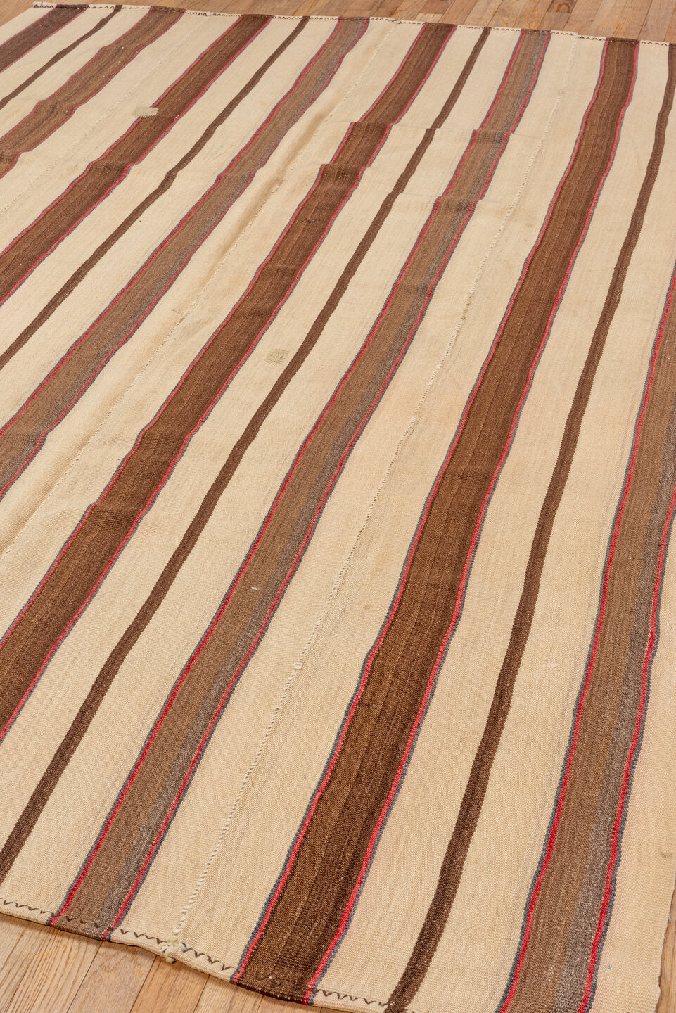 5' x 8' one-of-a-kind handmade vintage Kilim medium size rug. Color palette: ivory, brown, charcoal, rust, taupe, gray