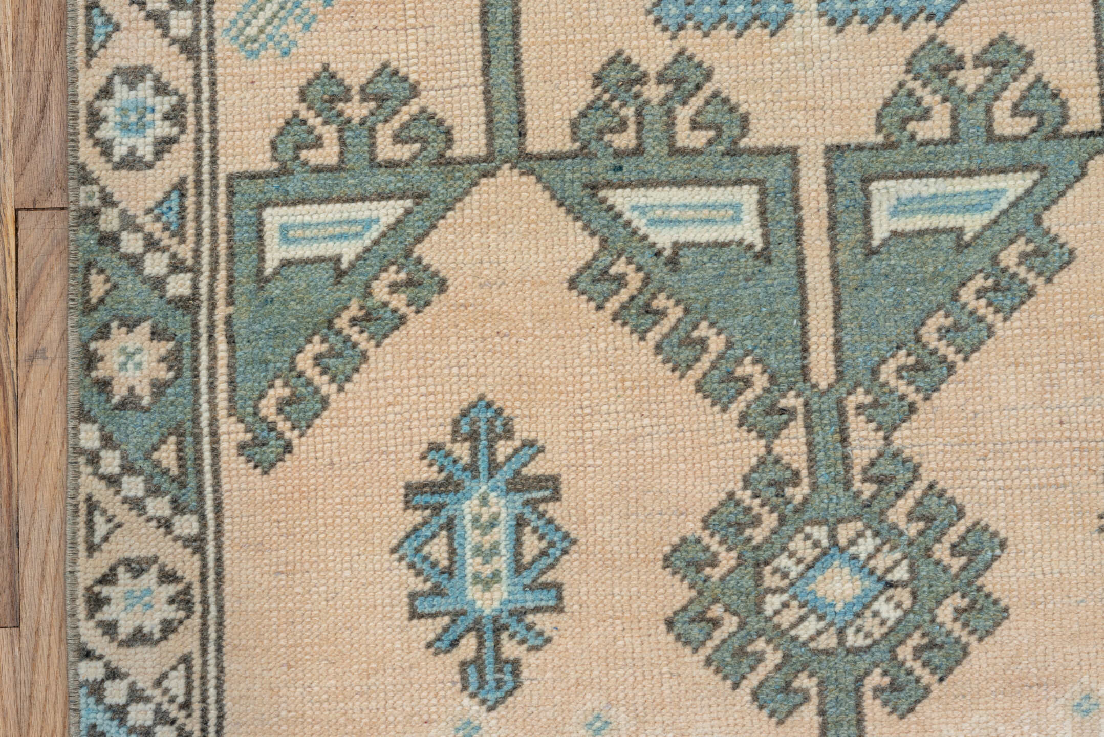 2' x 11' one-of-a-kind handmade antique Oushak runner rug. Color palette: ivory, aqua, taupe, beige, slate, camel, teal