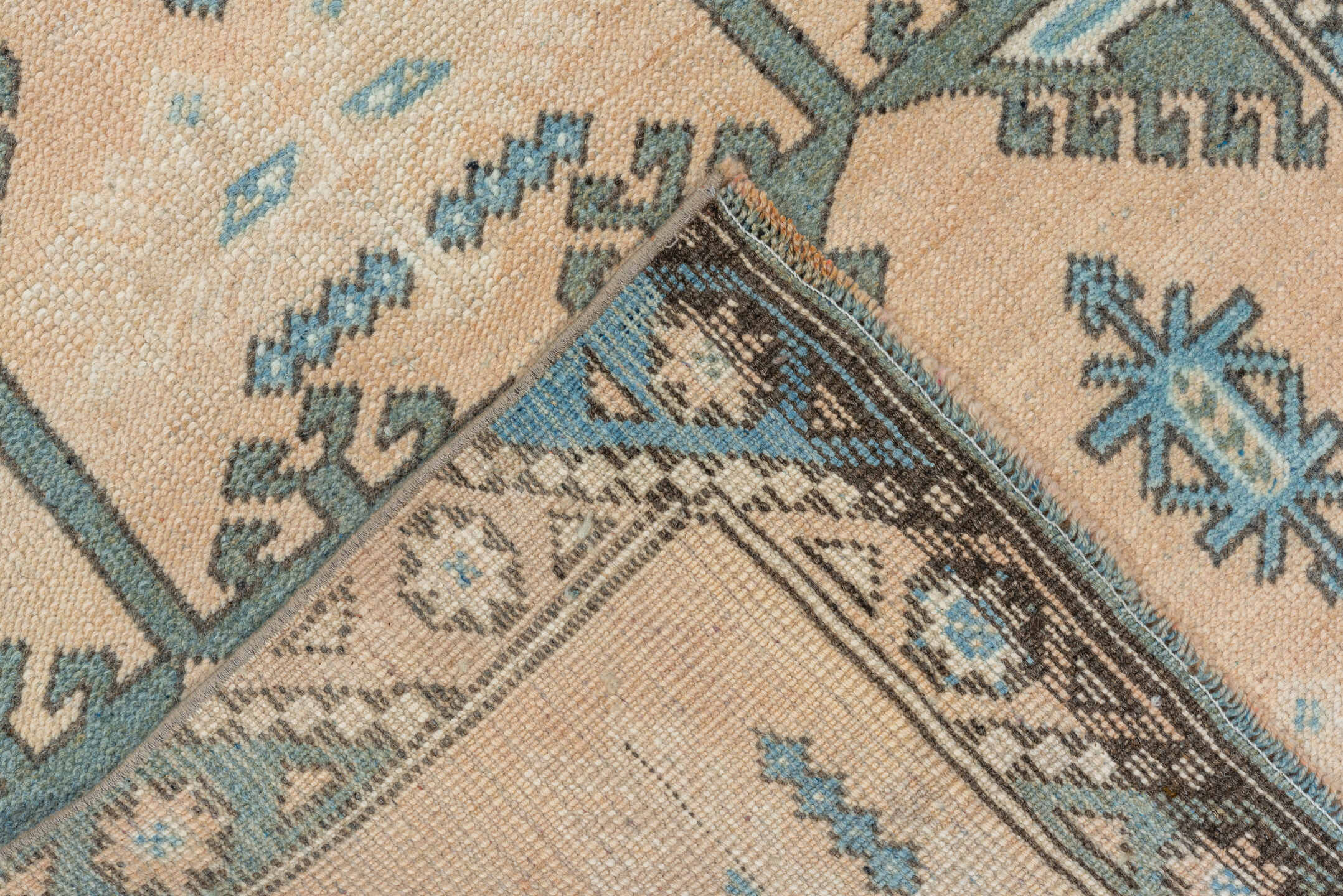 2' x 11' one-of-a-kind handmade antique Oushak runner rug. Color palette: ivory, aqua, taupe, beige, slate, camel, teal