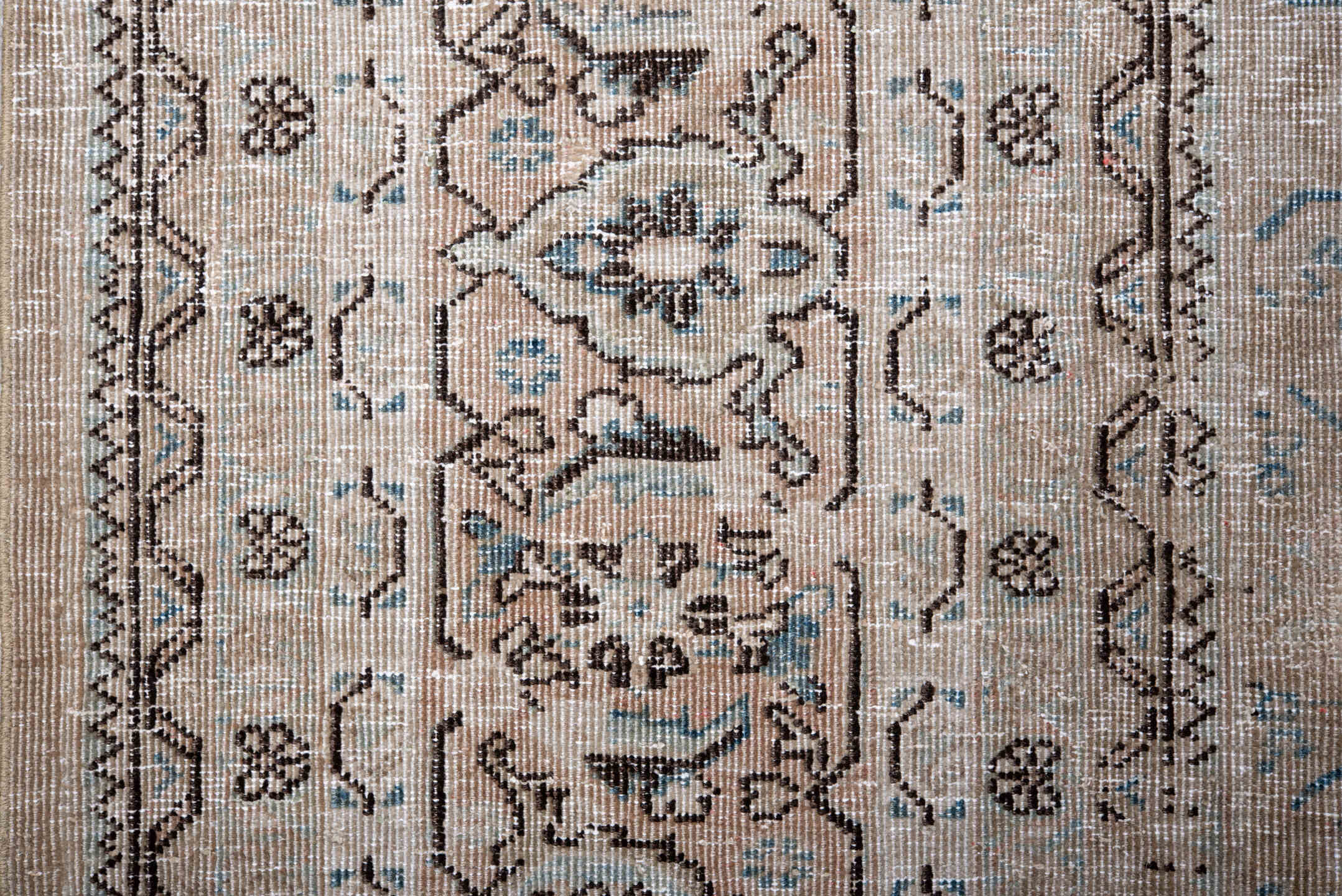 9' x 13' one-of-a-kind handmade vintage Mahal large size rug. Color palette: taupe, ivory, sky blue, charcoal, beige, cream