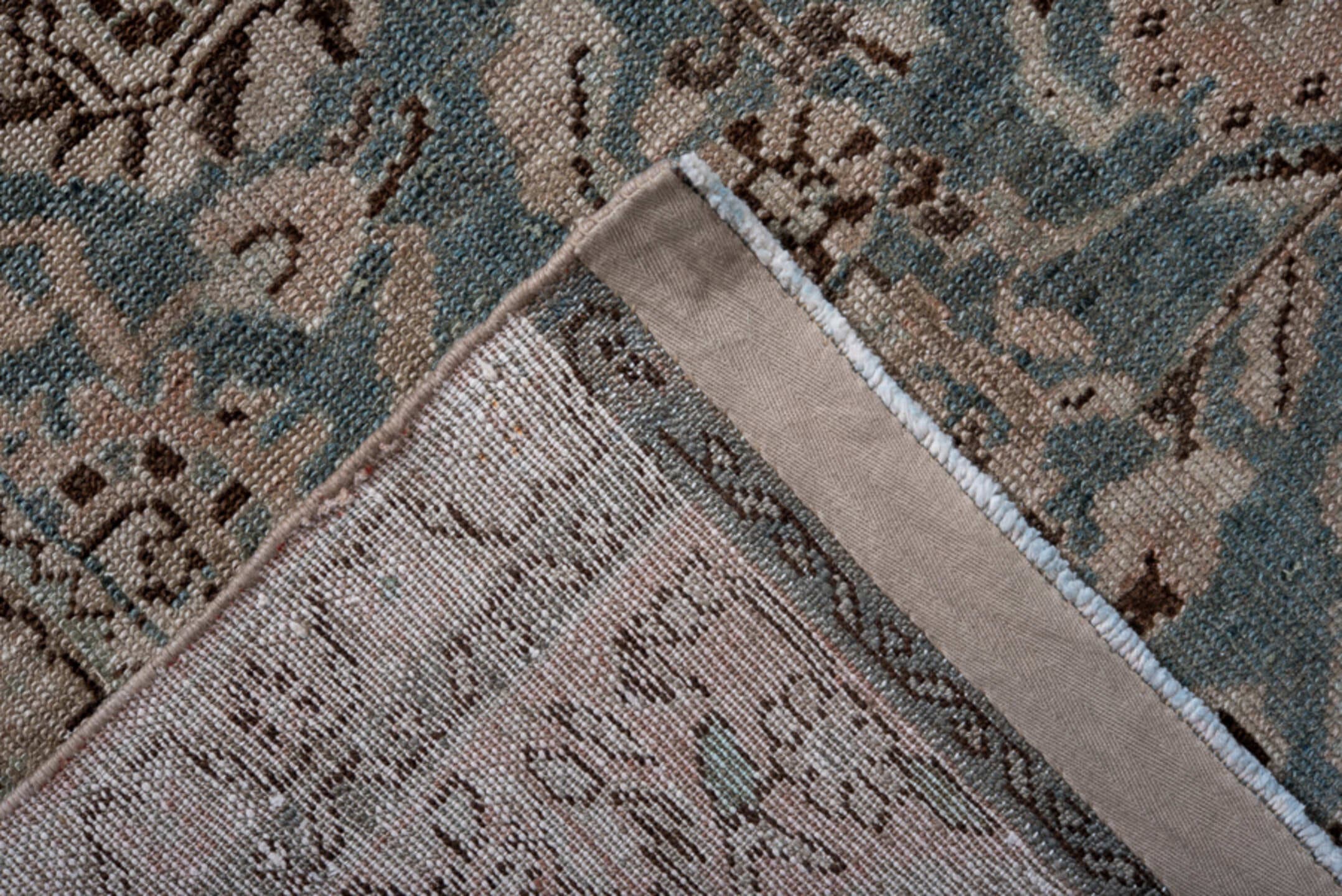 7' x 9' one-of-a-kind handmade antique Malayer rug. Color palette: blue, ivory, taupe, charcoal, gray, beige, black