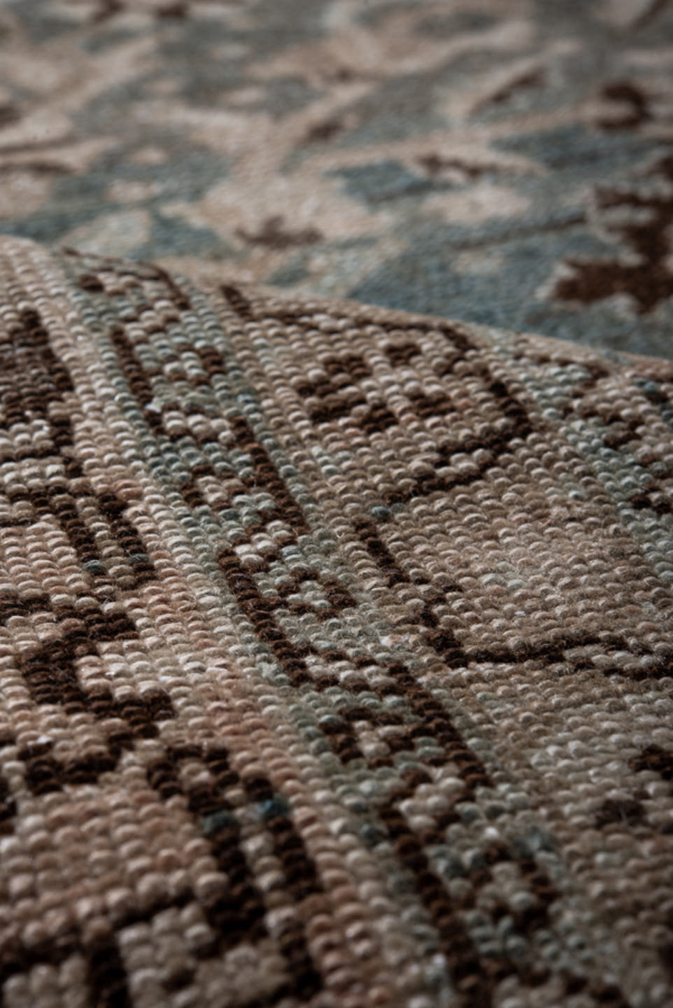 7' x 9' one-of-a-kind handmade antique Malayer rug. Color palette: blue, ivory, taupe, charcoal, gray, beige, black
