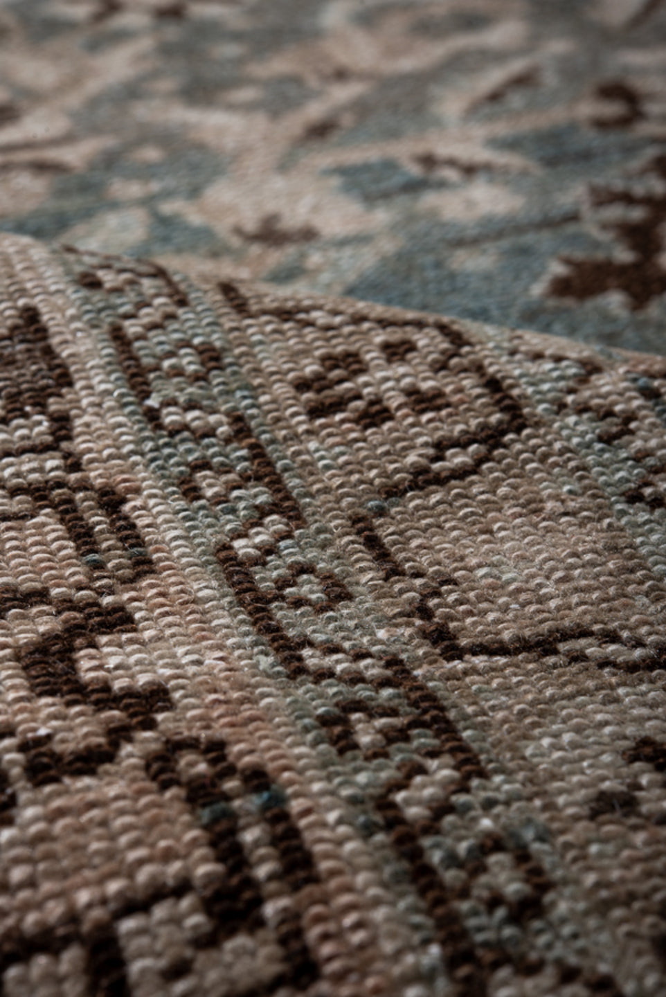 7' x 9' one-of-a-kind handmade antique Malayer rug. Color palette: blue, ivory, taupe, charcoal, gray, beige, black