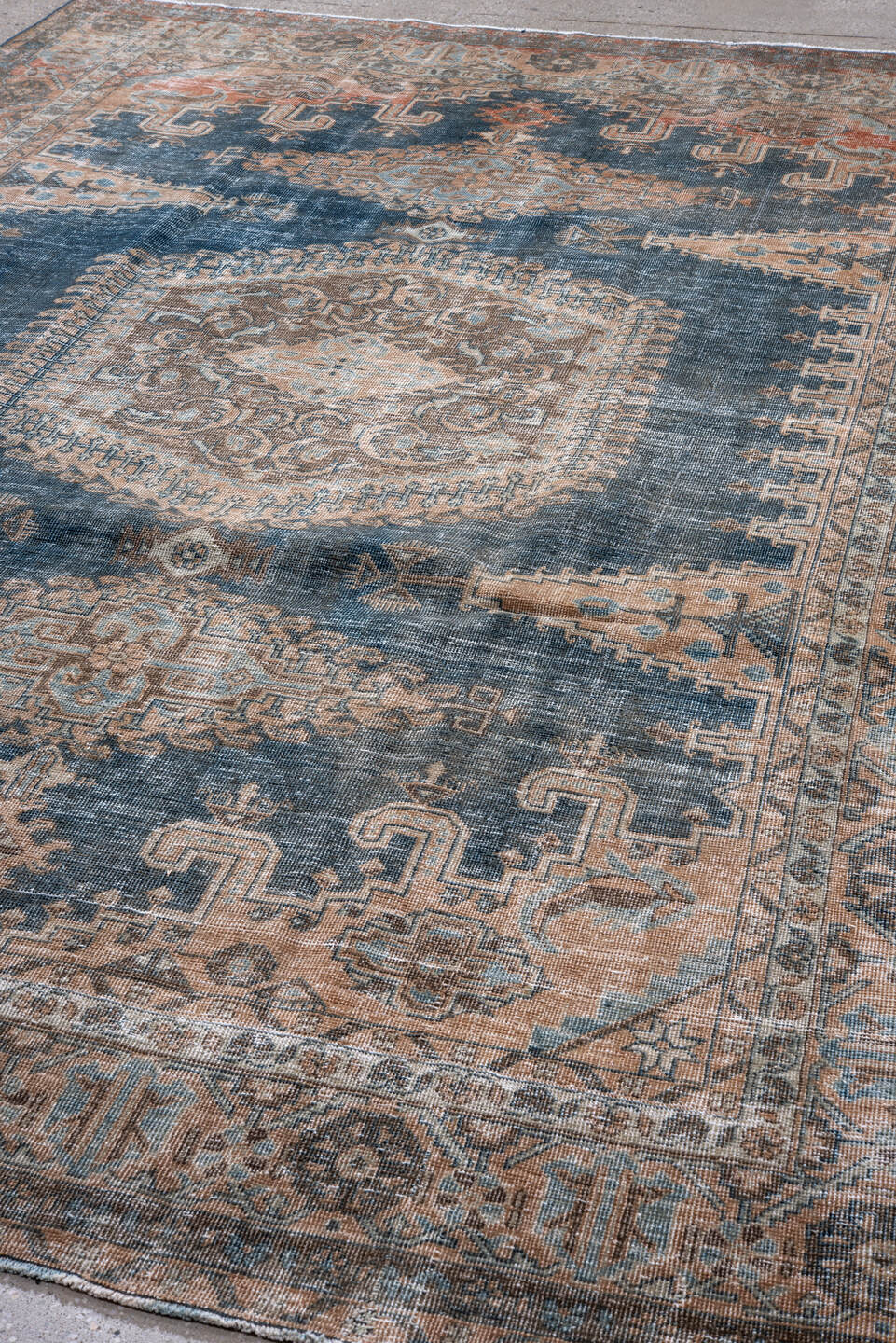 7' x 10' one-of-a-kind handmade antique Veece large size rug. Color palette: blue, ivory, taupe, rust, slate, camel, beige
