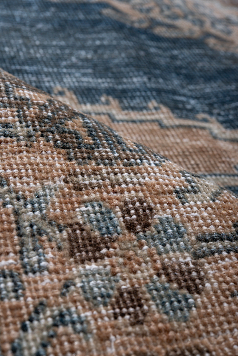 7' x 10' one-of-a-kind handmade vintage Veece large size rug. Color palette: arapawa, blue, brown, dark gray, ghost white