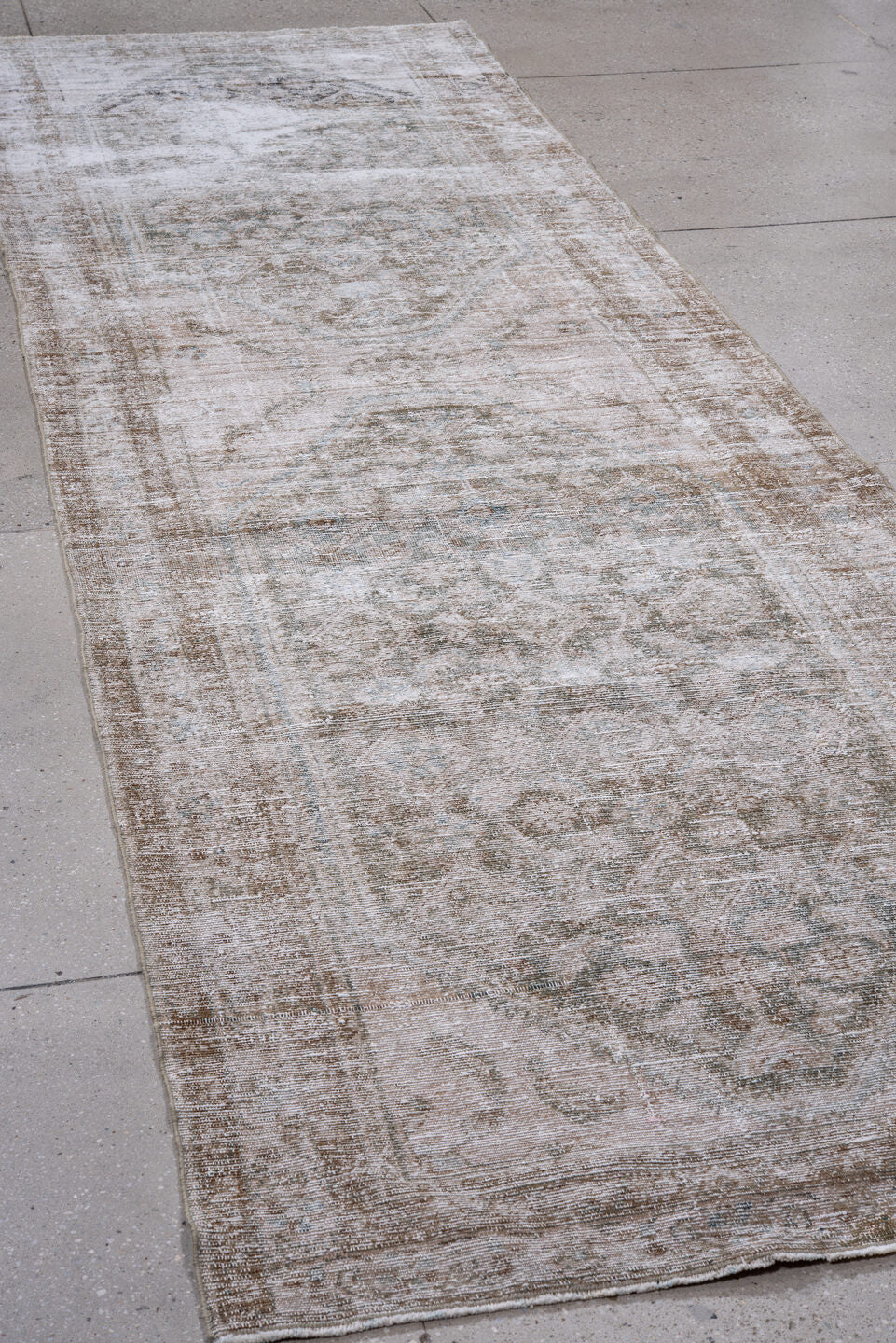 3' x 12' one-of-a-kind handmade antique Malayer runner rug. Color palette: taupe, ivory, pale blue, beige, stone, gray