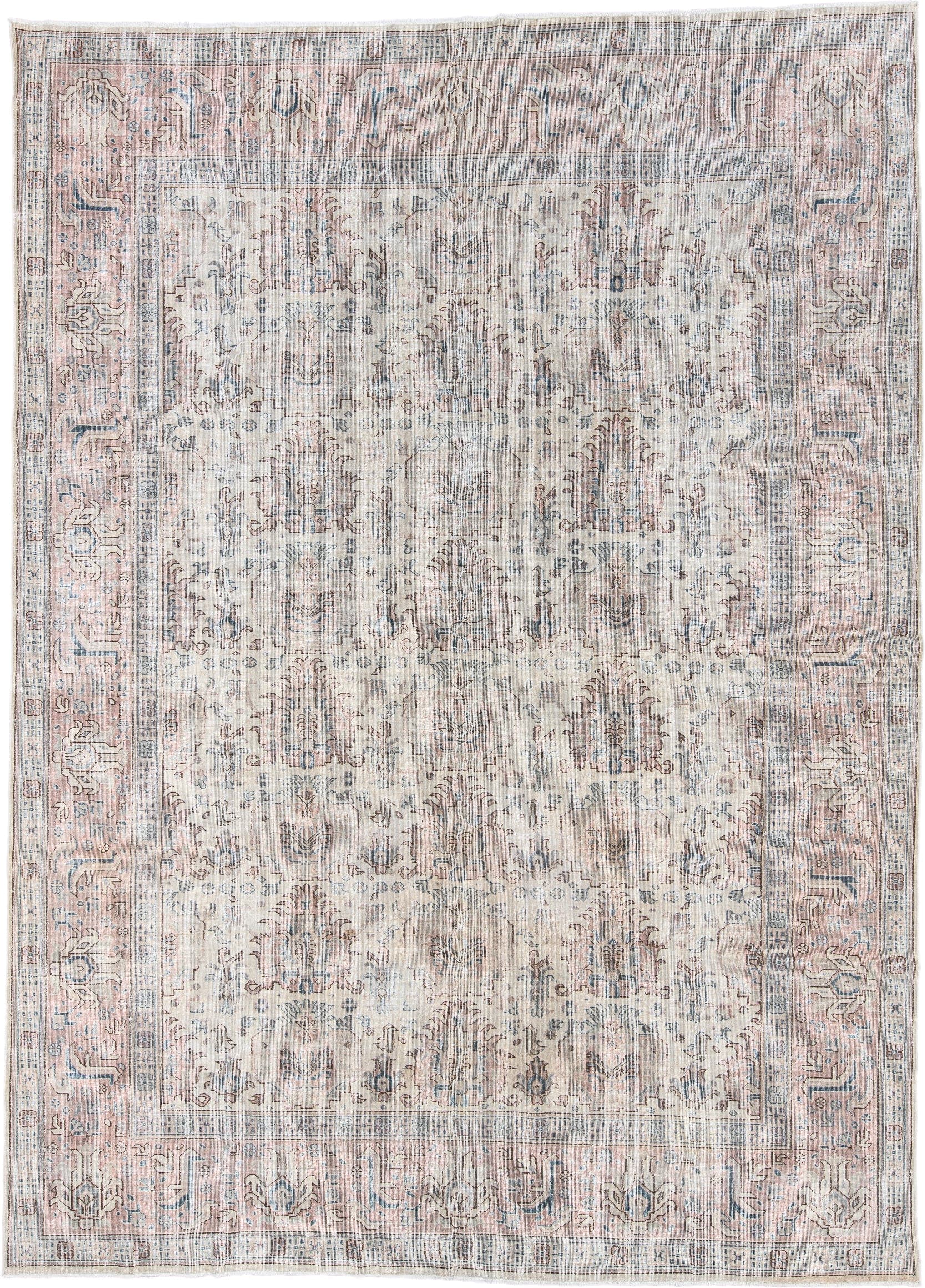8' x 12' one-of-a-kind handmade vintage Sparta large size rug. Color palette: ivory, blush, pale blue, taupe, beige