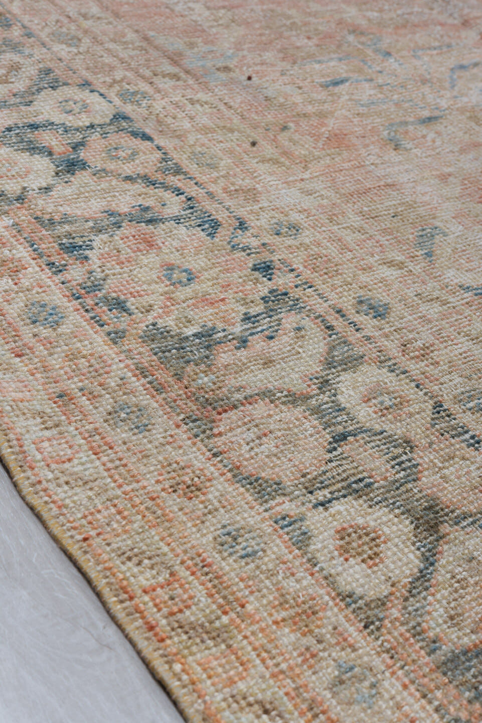 7' x 10' one-of-a-kind handmade antique Mahal large size rug. Color palette: terra cotta, taupe, ivory, slate, faded blue