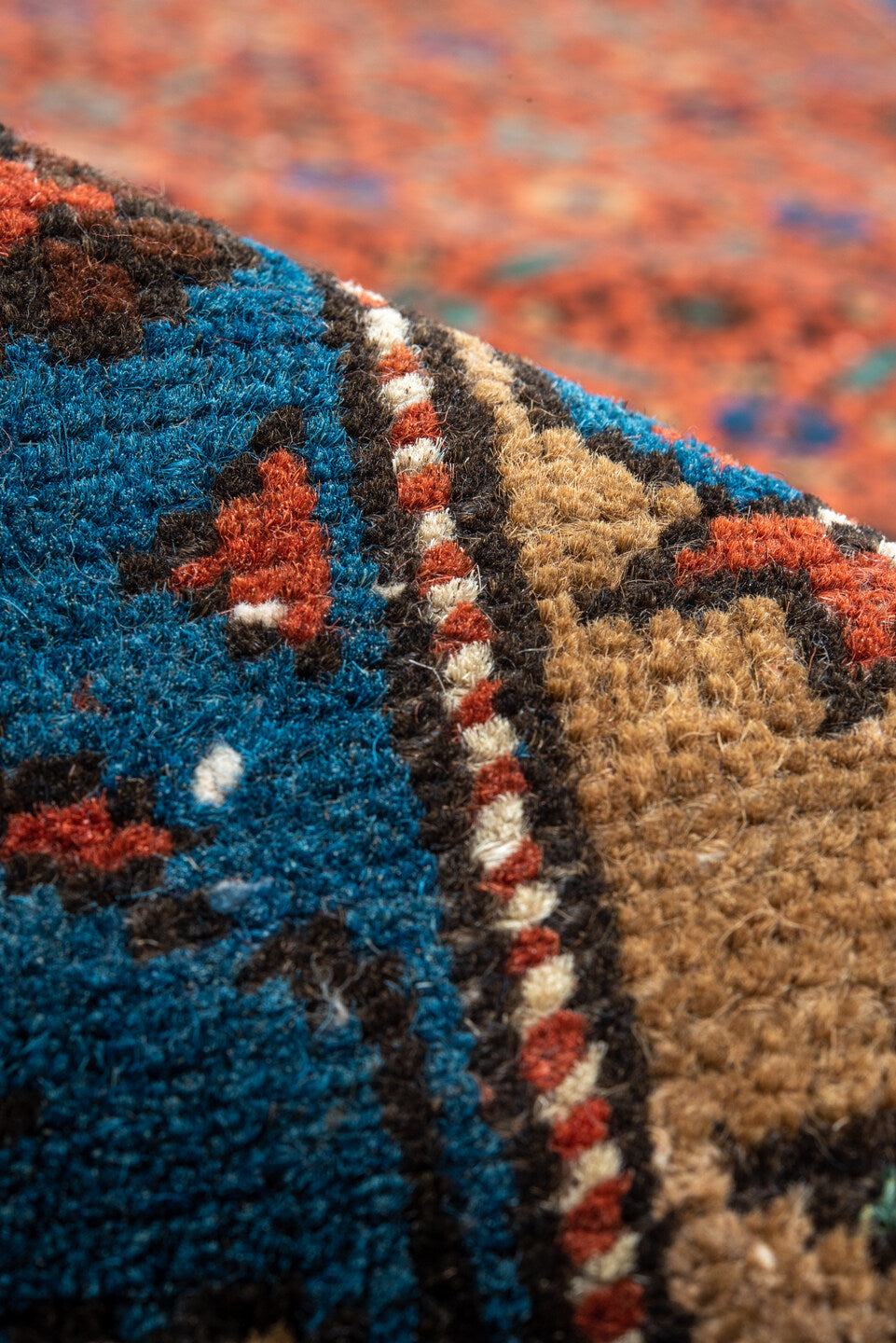 2' x 17' one-of-a-kind handmade vintage Heriz runner rug. Color palette: blue, brown, gray, off-white, pink, snow, white