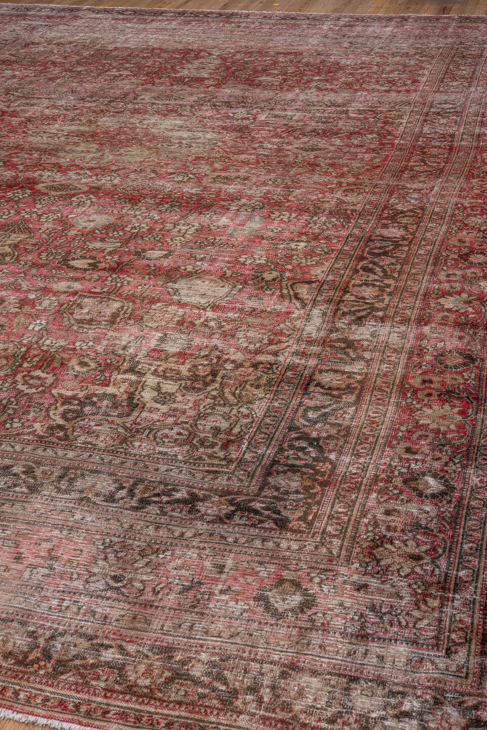 10' x 15' one-of-a-kind handmade antique Khorassan oversize rug. Color palette: rose, ivory, brown, dusty pink, taupe