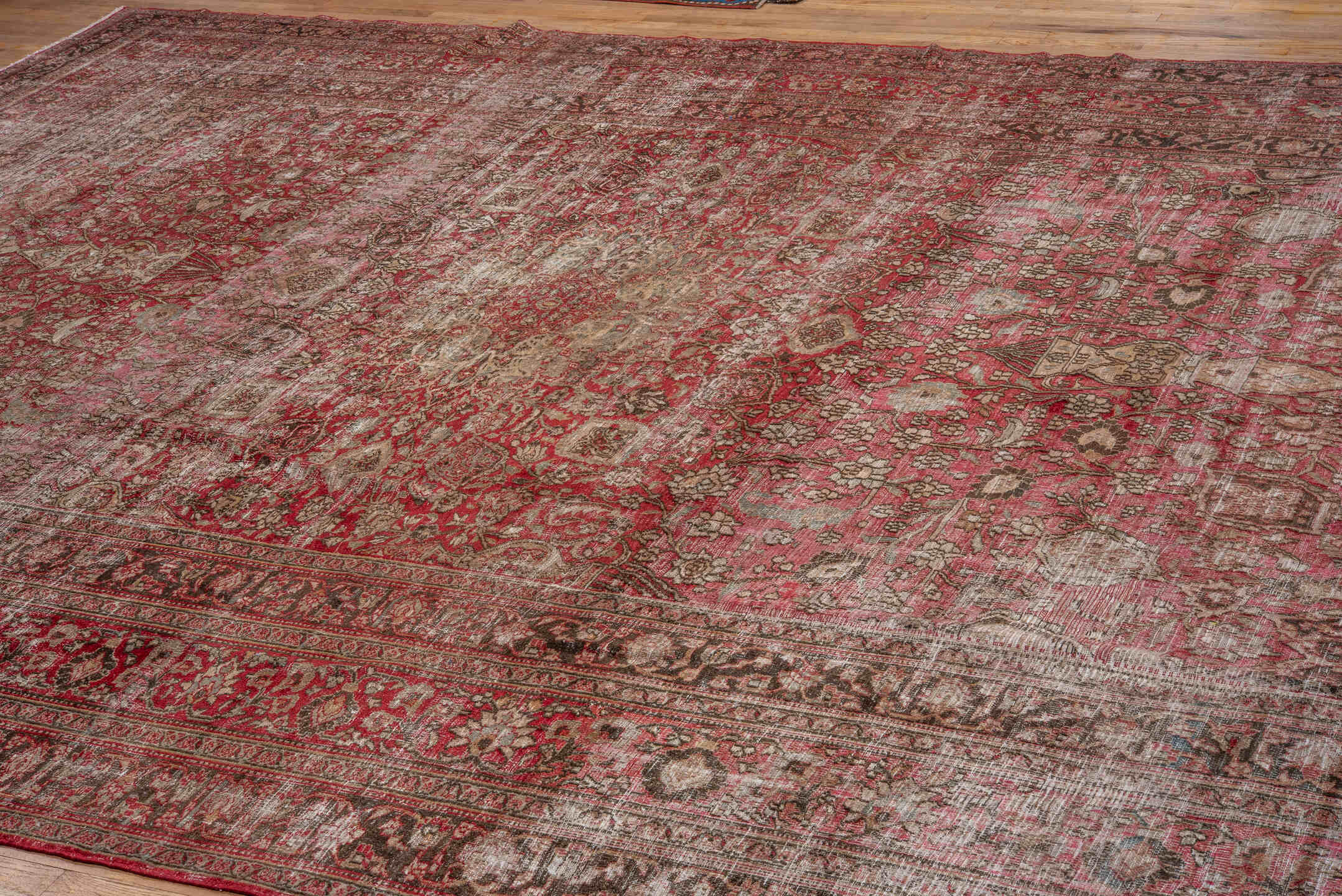 10' x 15' one-of-a-kind handmade antique Khorassan oversize rug. Color palette: rose, ivory, brown, dusty pink, taupe