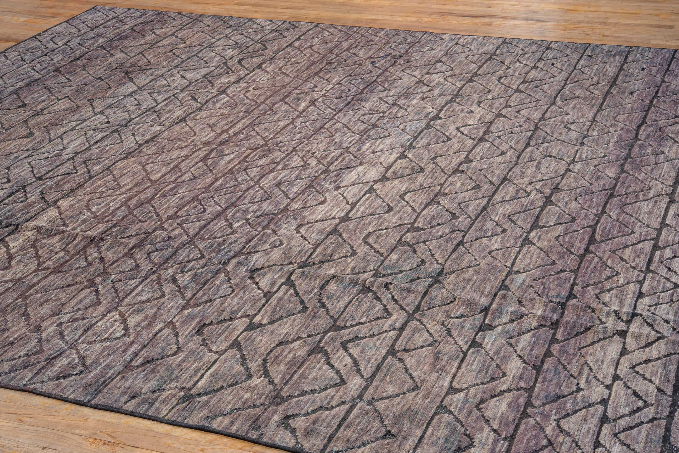 9' x 11' one-of-a-kind handmade vintage Tulu large size rug. Color palette: taupe, charcoal, slate, mauve, brown, beige