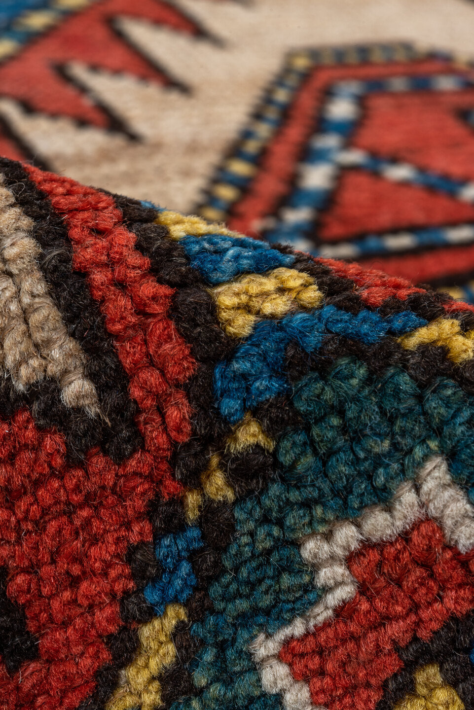 3' x 9' one-of-a-kind handmade antique Sarab runner rug. Color palette: ivory, rust, indigo, blue, brick, gold, charcoal