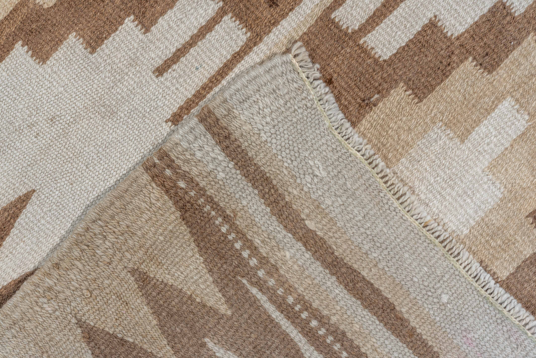 2' x 10' one-of-a-kind handmade vintage Kilim runner rug. Color palette: brown, gray, light gray, off-white, pink, silver