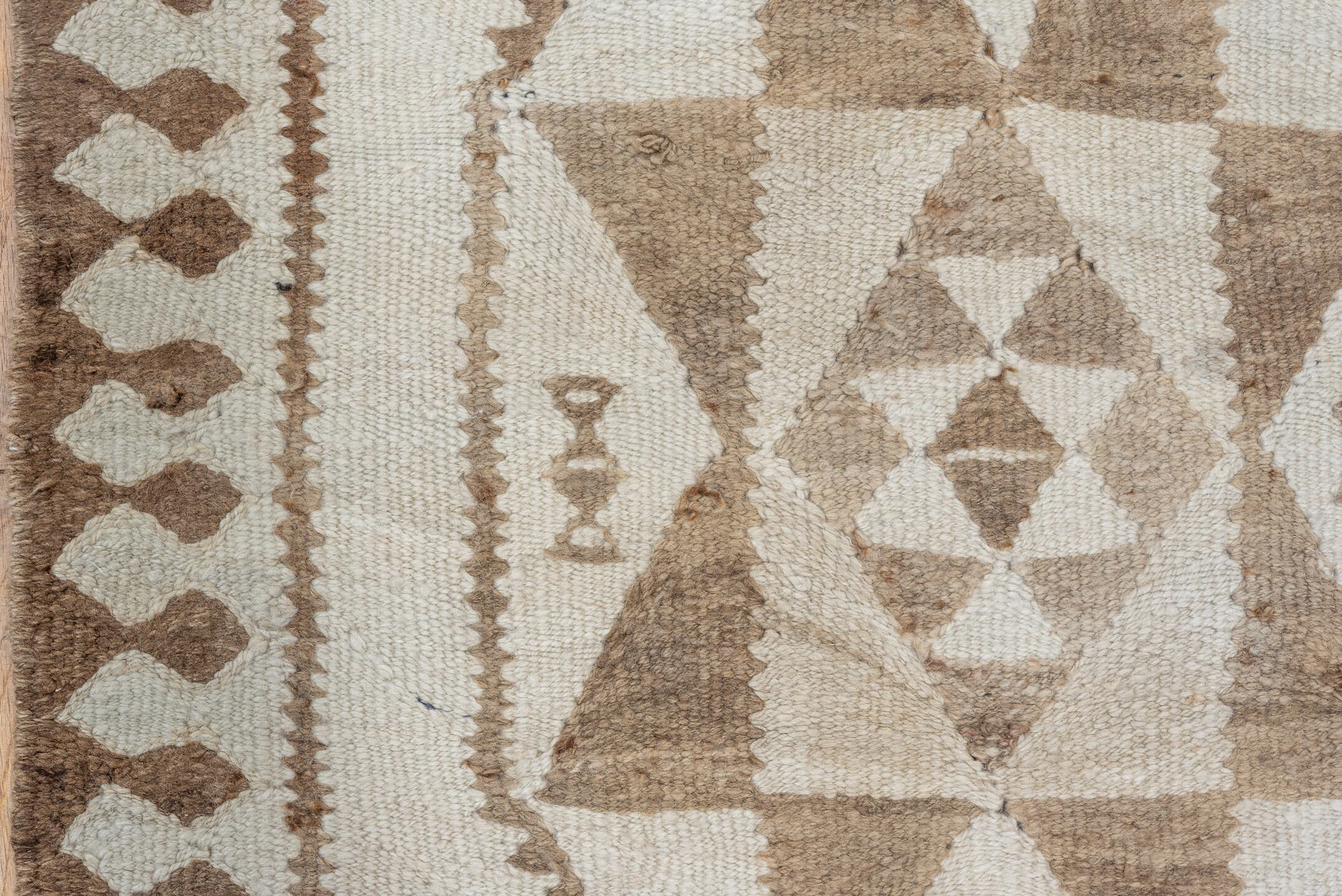 2' x 9' one-of-a-kind handmade antique Kilim runner rug. Color palette: ivory, taupe, brown, camel, beige, gray