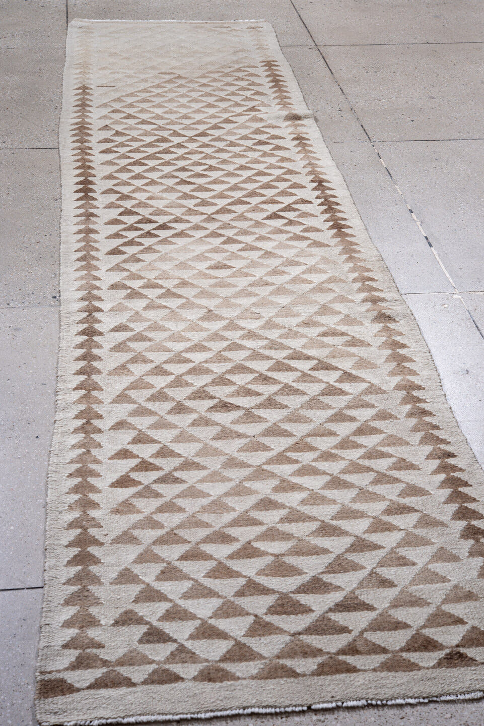 2' x 11' one-of-a-kind handmade antique Kilim runner rug. Color palette: ivory, taupe, beige, camel, gray